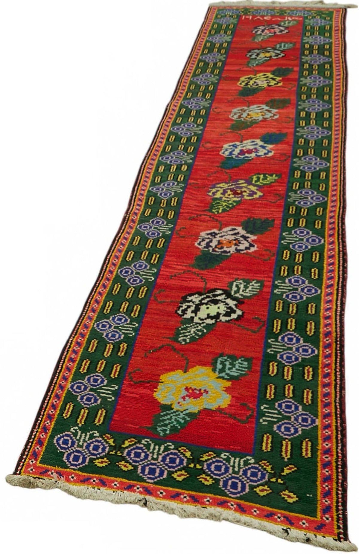 Zolvo Kırmızı Çiçek Desenli Yün Kırmızı Yolluk 83x407 cm 48217 – doku yakın çekim