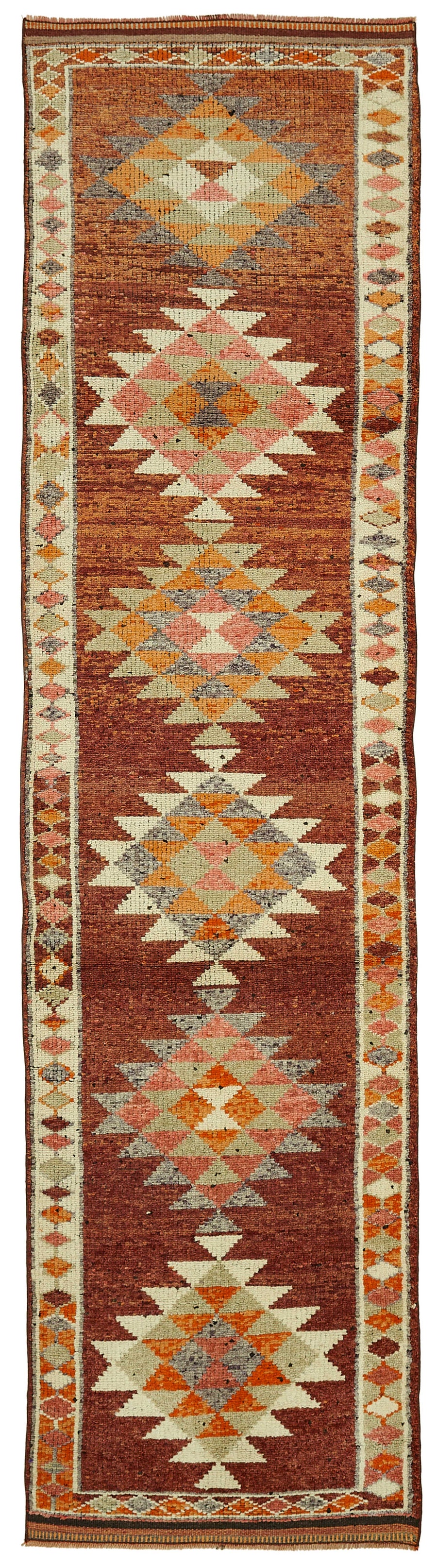 Zolvo Kahverengi Turuncu Geometrik Desenli Etnik El Dokuma Yolluk 90x376 cm