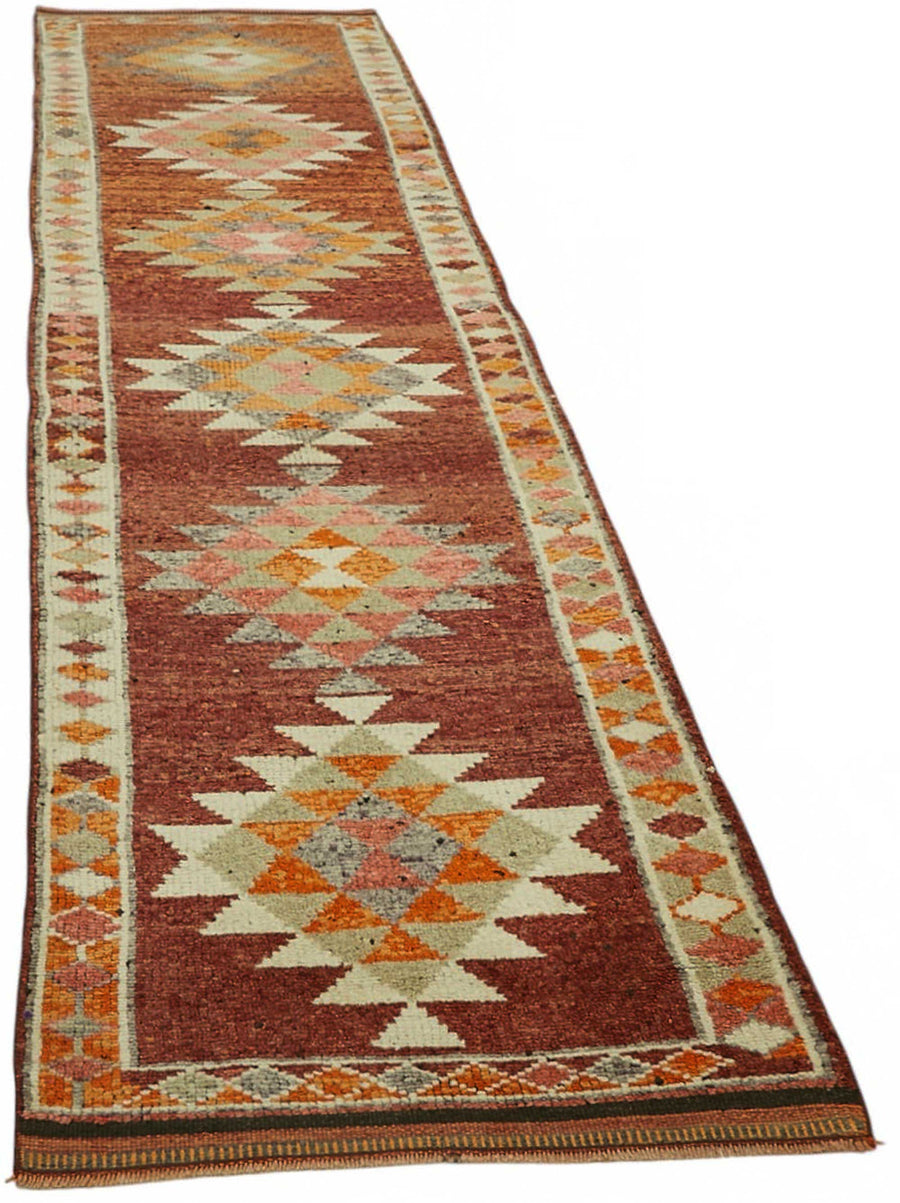 Zolvo Kahverengi Turuncu Geometrik Desenli Etnik El Dokuma Yolluk 90x376 cm – genel görünüm