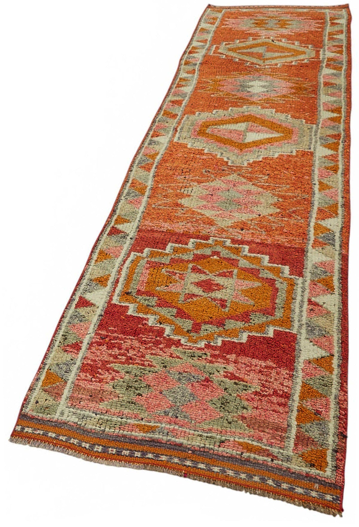Zolvo Geometrik Desenli Turuncu Pembe El Dokuma Yolluk 86x357 cm – doku yakın çekim