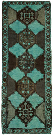 زولفو سجادة صوفية بلون فيروزي وبني داكن بنقوش هندسية 142x382 cm