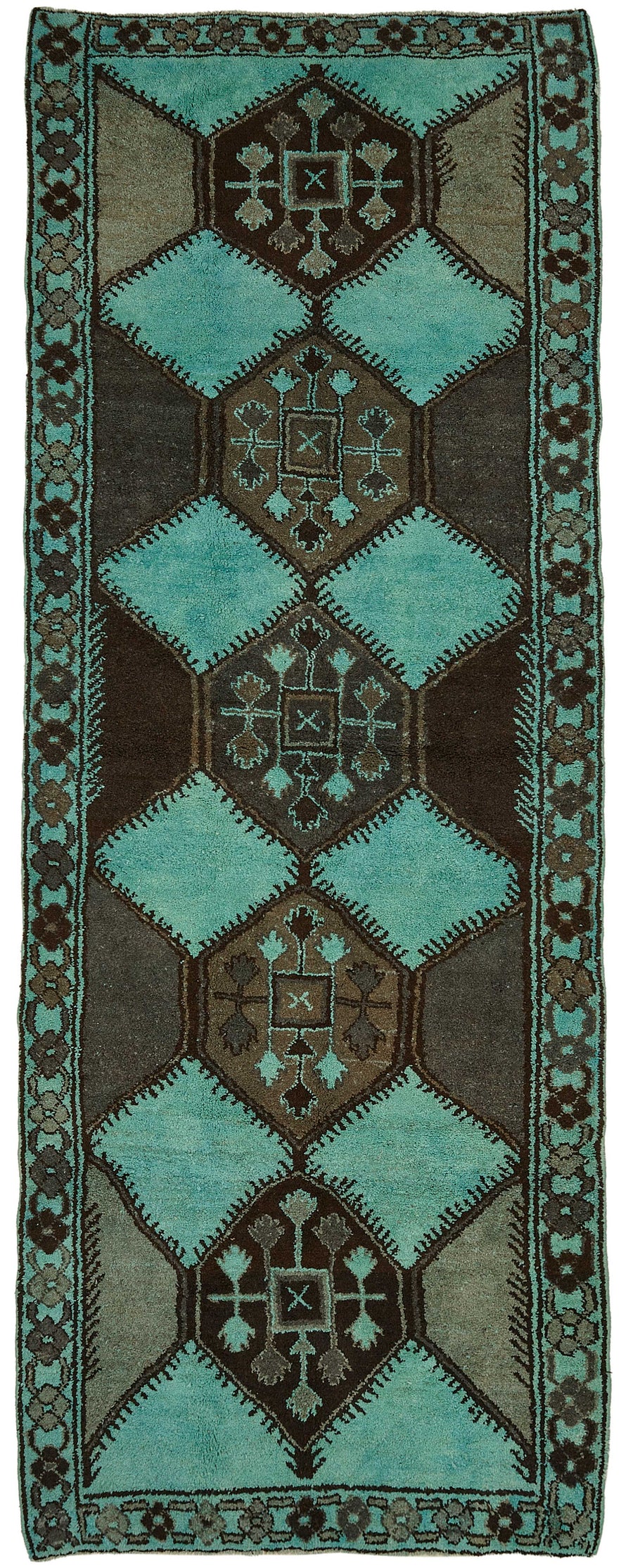 Zolvo Turkuaz ve Koyu Kahverengi Geometrik Desenli Yün Halı 142x382 cm