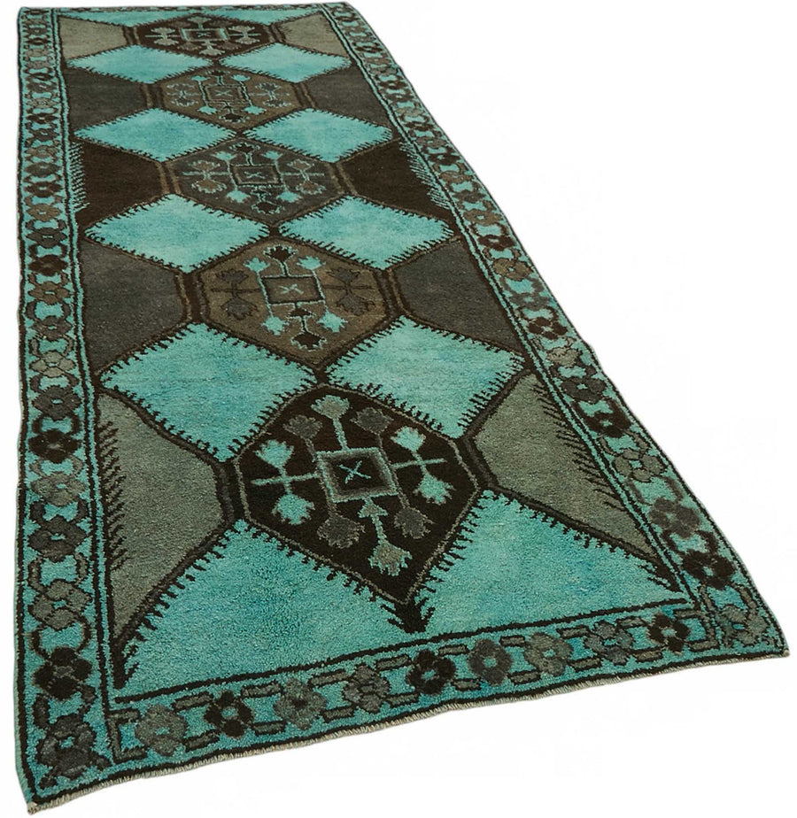 Zolvo Turkuaz ve Koyu Kahverengi Geometrik Desenli Yün Halı 142x382 cm – genel görünüm