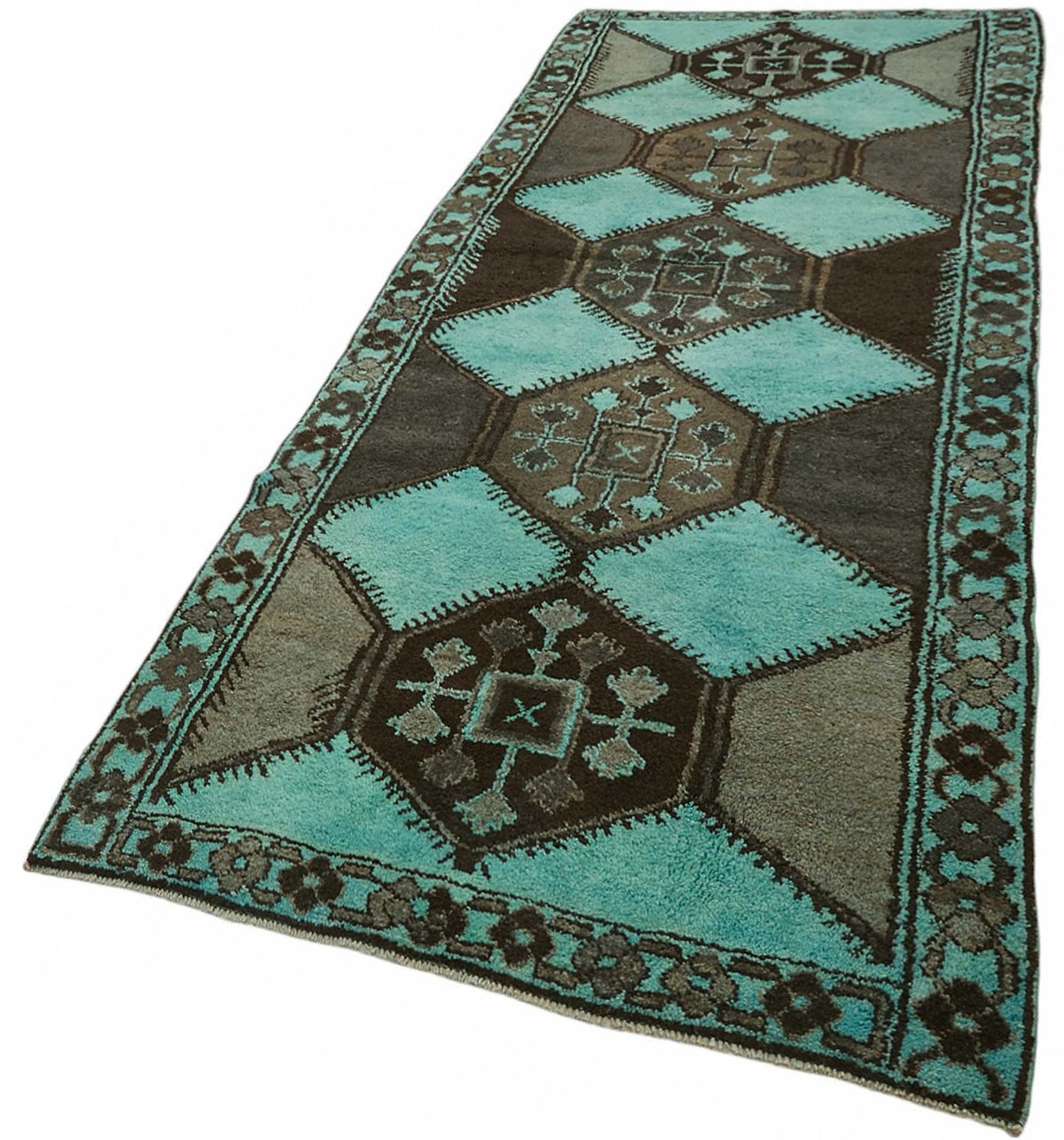 زولفو سجادة صوفية بلون فيروزي وبني داكن بنقوش هندسية 142x382 cm – لقطة مقربة للنسيج