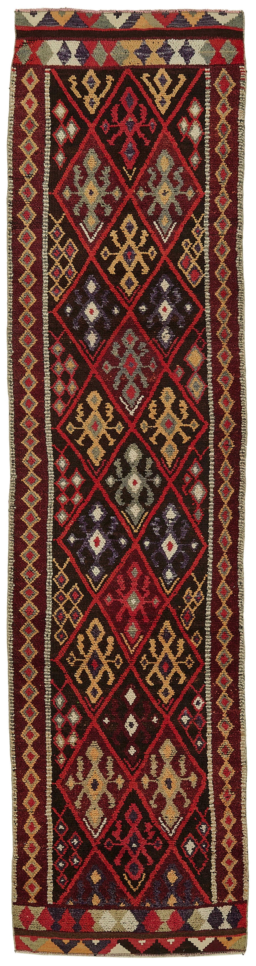 Zolvo Etnik Geometrik Desenli Bordo Lacivert El Dokuma Yolluk 90x392 cm