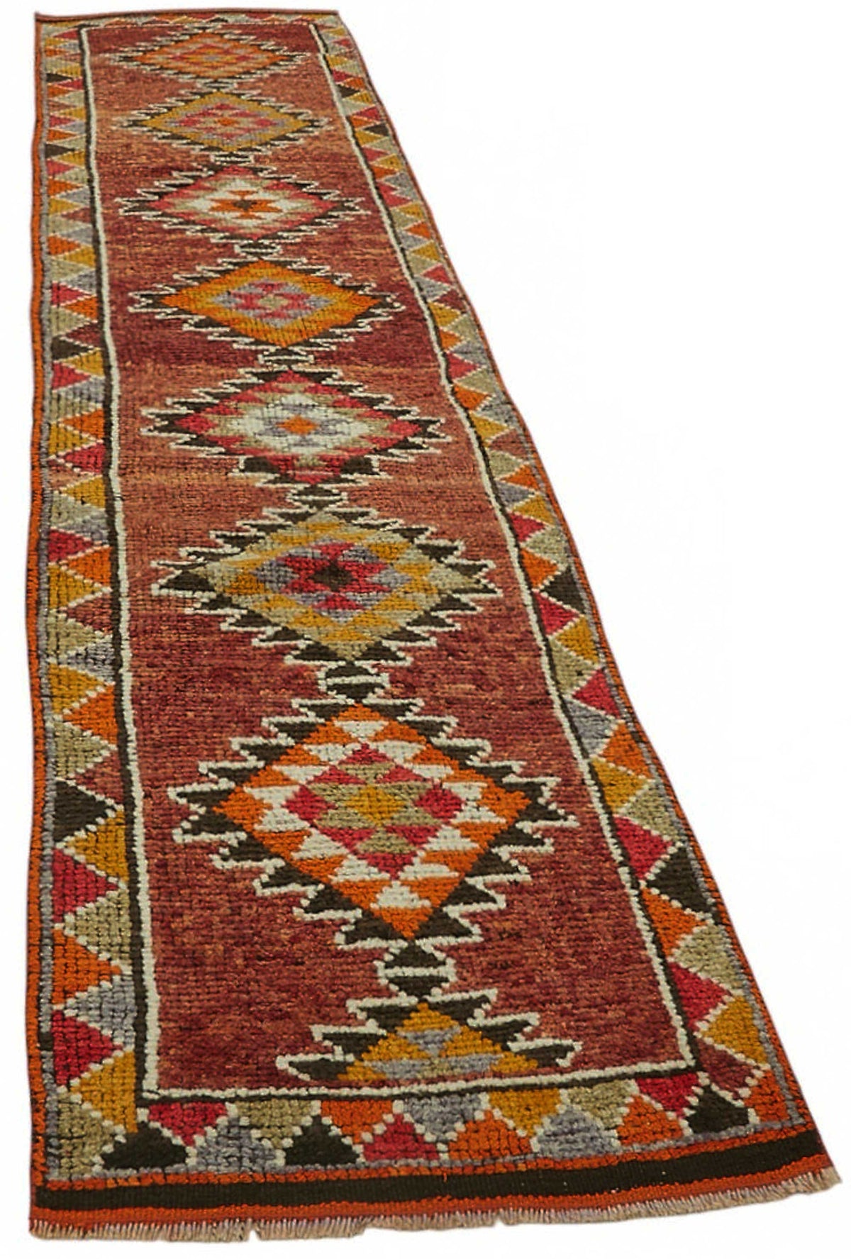 Zolvo Kırmızı Turuncu Geometrik Etnik El Dokuma Yolluk 83x395 cm – genel görünüm