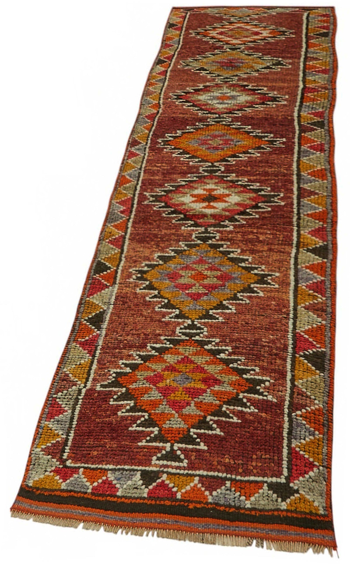 Zolvo Kırmızı Turuncu Geometrik Etnik El Dokuma Yolluk 83x395 cm – doku yakın çekim