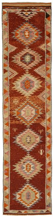 Zolvo Kırmızı Turuncu Madalyon Desenli Geometrik El Dokuma Halı 78x350 cm