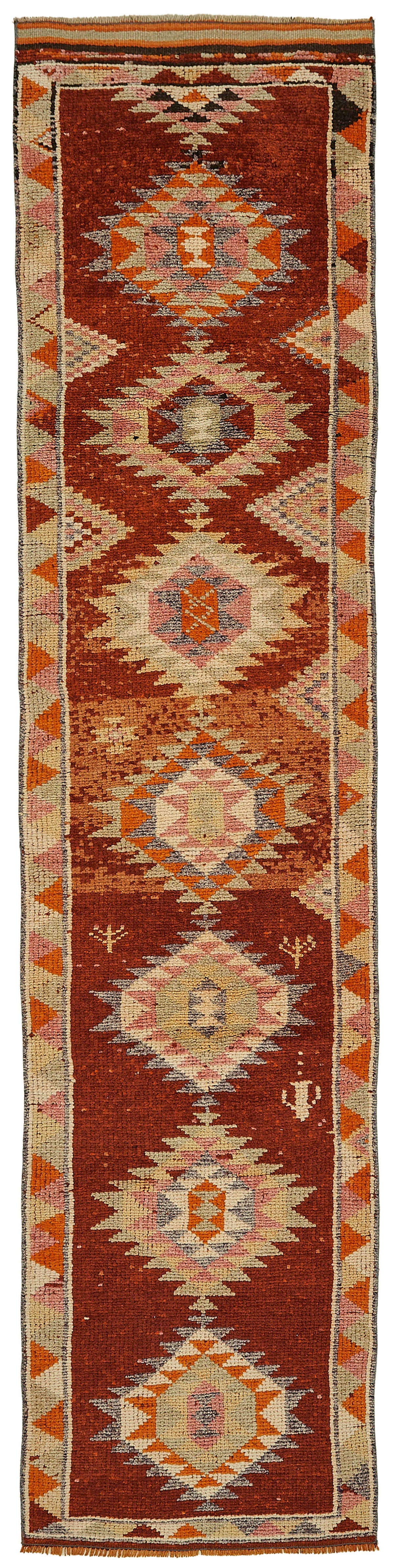 Zolvo Kırmızı Turuncu Madalyon Desenli Geometrik El Dokuma Halı 78x350 cm