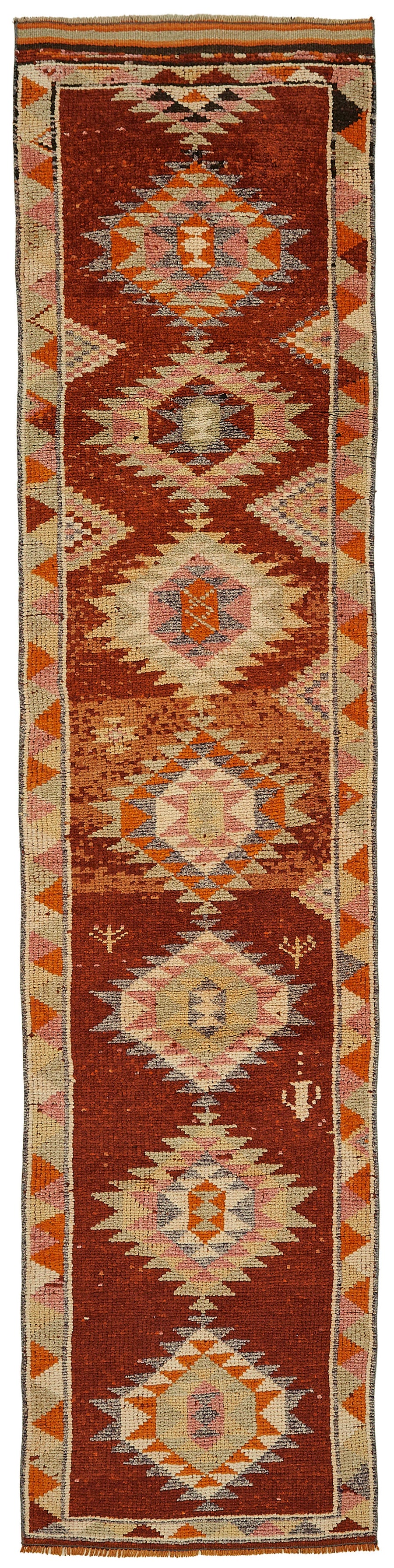 Zolvo Kırmızı Turuncu Madalyon Desenli Geometrik El Dokuma Halı 78x350 cm