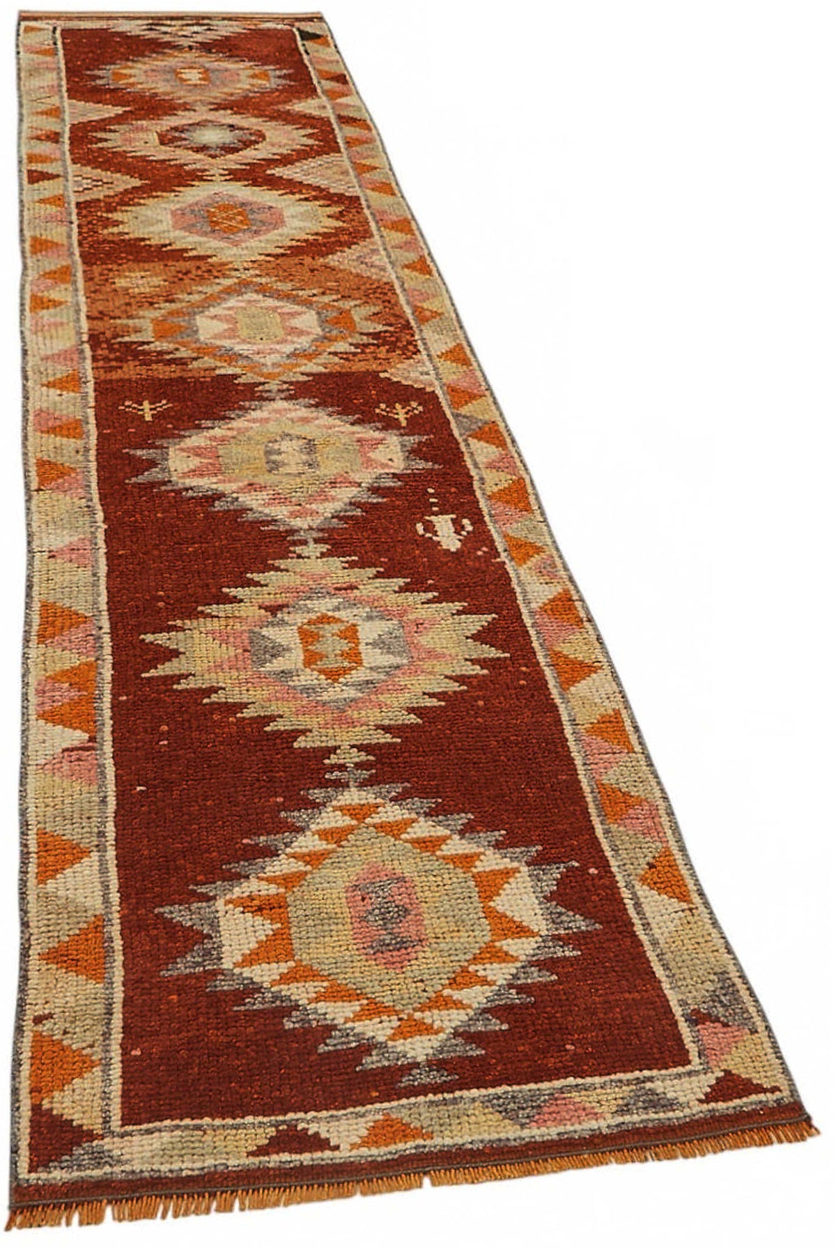Zolvo Kırmızı Turuncu Madalyon Desenli Geometrik El Dokuma Halı 78x350 cm – genel görünüm