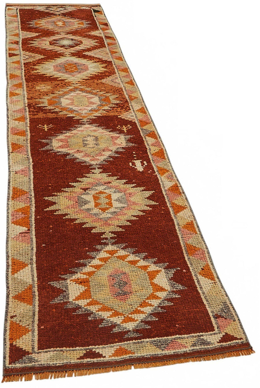Zolvo Kırmızı Turuncu Madalyon Desenli Geometrik El Dokuma Halı 78x350 cm – genel görünüm