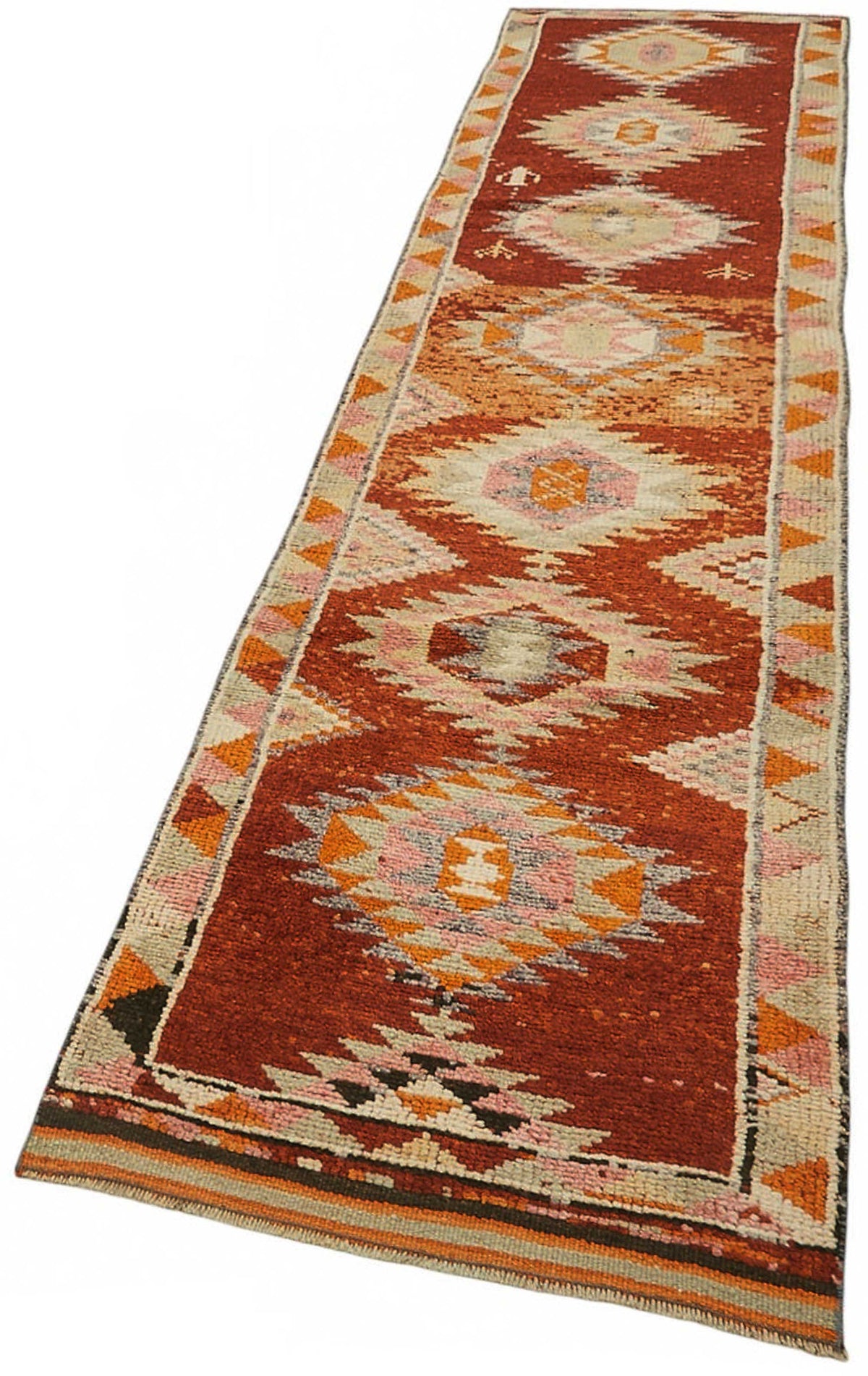 Zolvo Kırmızı Turuncu Madalyon Desenli Geometrik El Dokuma Halı 78x350 cm – doku yakın çekim