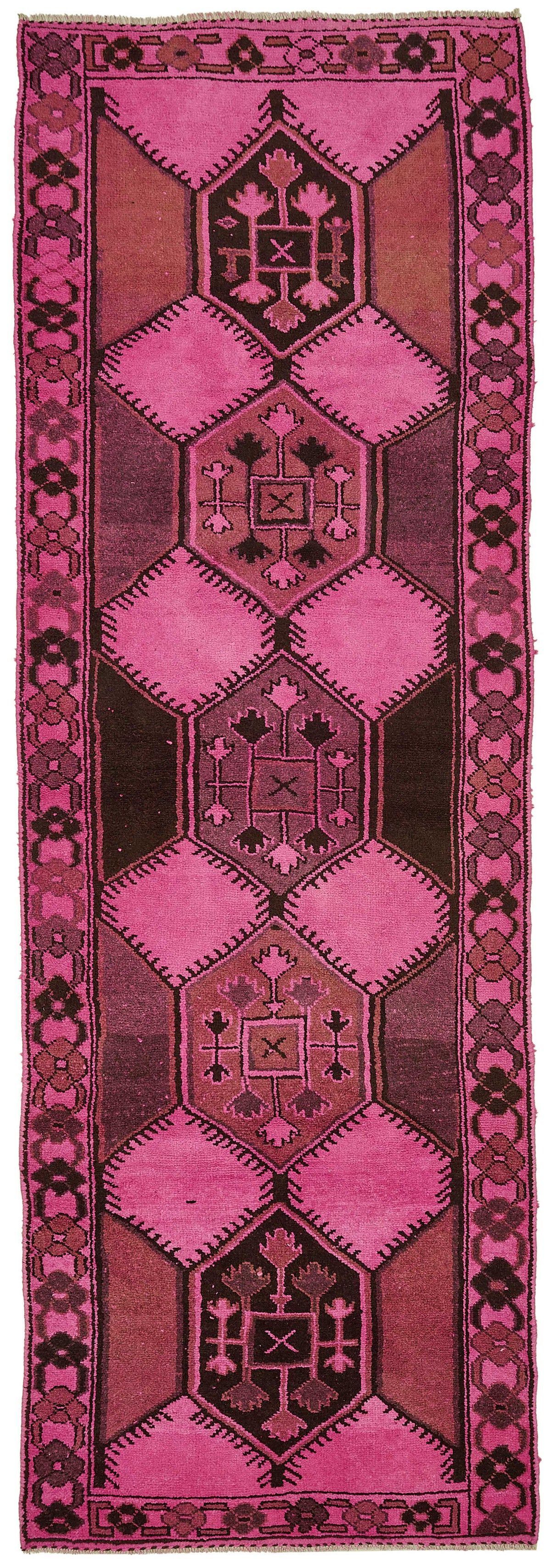 Zolvo Pembe Kahverengi Geometrik Etnik El Dokuma Halı 130x398 cm