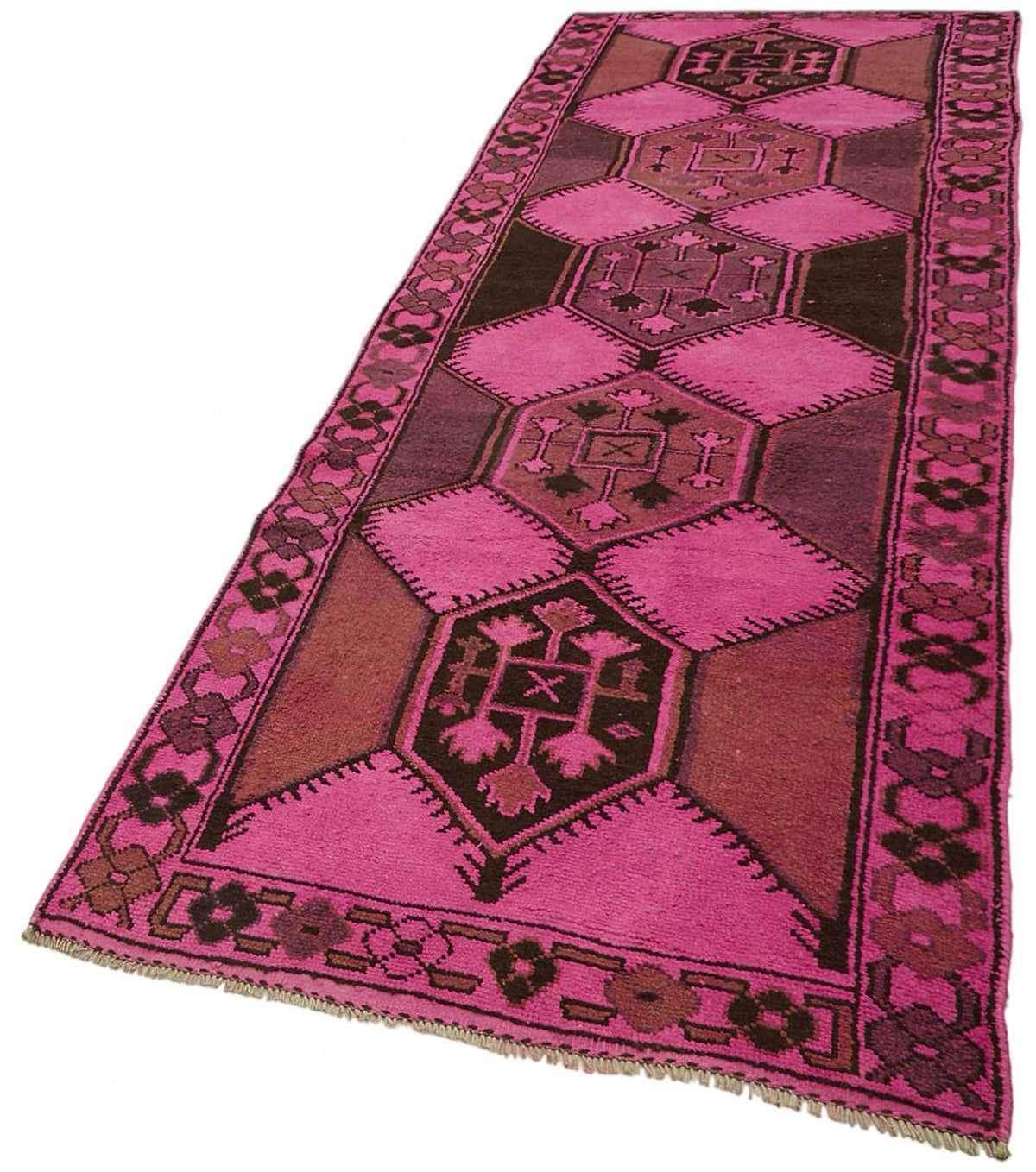 Zolvo Pembe Kahverengi Geometrik Etnik El Dokuma Halı 130x398 cm – doku yakın çekim