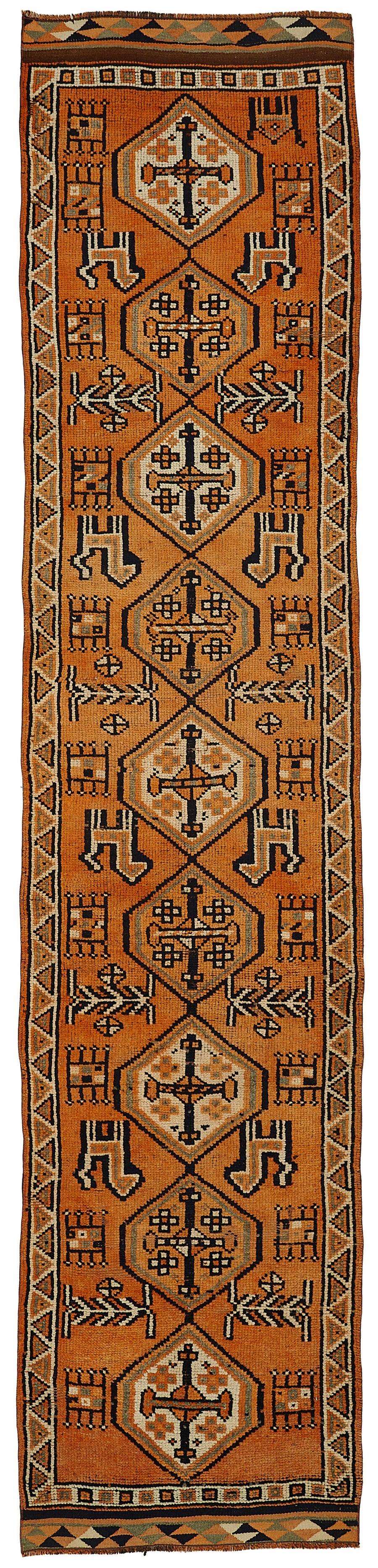 Zolvo Turuncu Kahverengi Madalyon Desenli Yün Pamuk Yolluk 90x413 cm