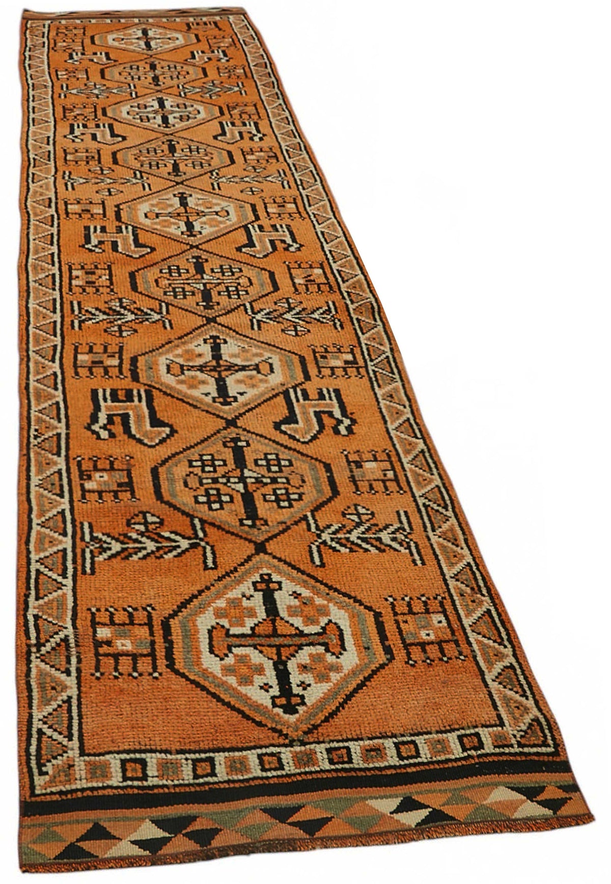ممر Zolvo برتقالي وبني بنقش ميدالية، من الصوف والقطن 90x413 cm – منظر عام