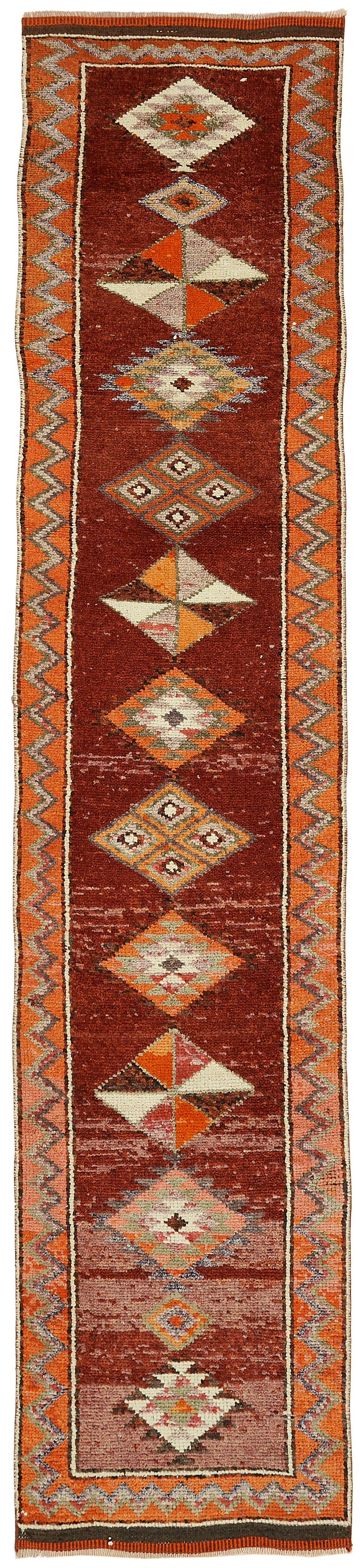 Zolvo Kırmızı Turuncu Geometrik Desenli Etnik El Dokuma Yolluk 78x375 cm