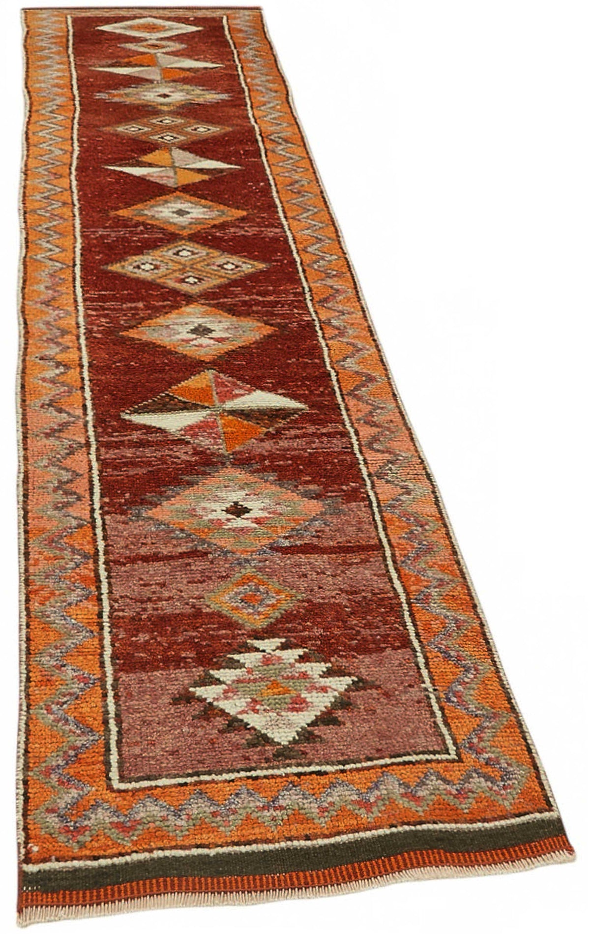 Zolvo Kırmızı Turuncu Geometrik Desenli Etnik El Dokuma Yolluk 78x375 cm – genel görünüm