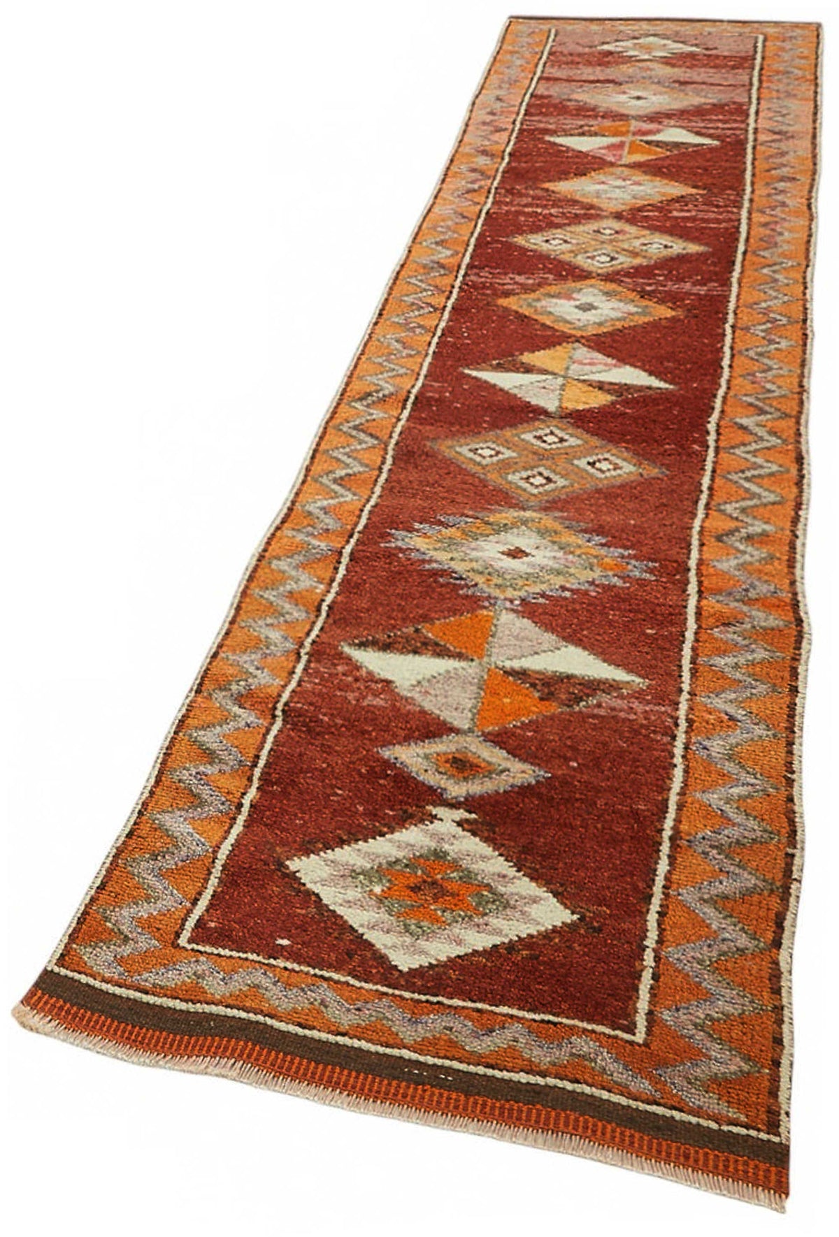 Zolvo Kırmızı Turuncu Geometrik Desenli Etnik El Dokuma Yolluk 78x375 cm – doku yakın çekim