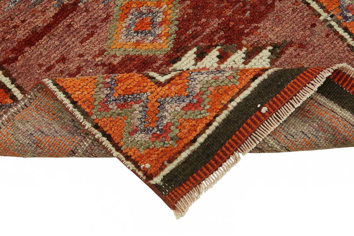 Zolvo Kırmızı Turuncu Geometrik Desenli Etnik El Dokuma Yolluk 78x375 cm – kenar detayı