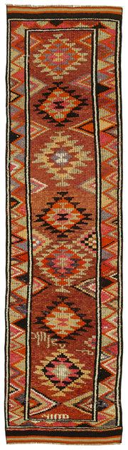 Zolvo Kahverengi Turuncu Geometrik Desenli Etnik El Dokuma Yolluk 82x335 cm