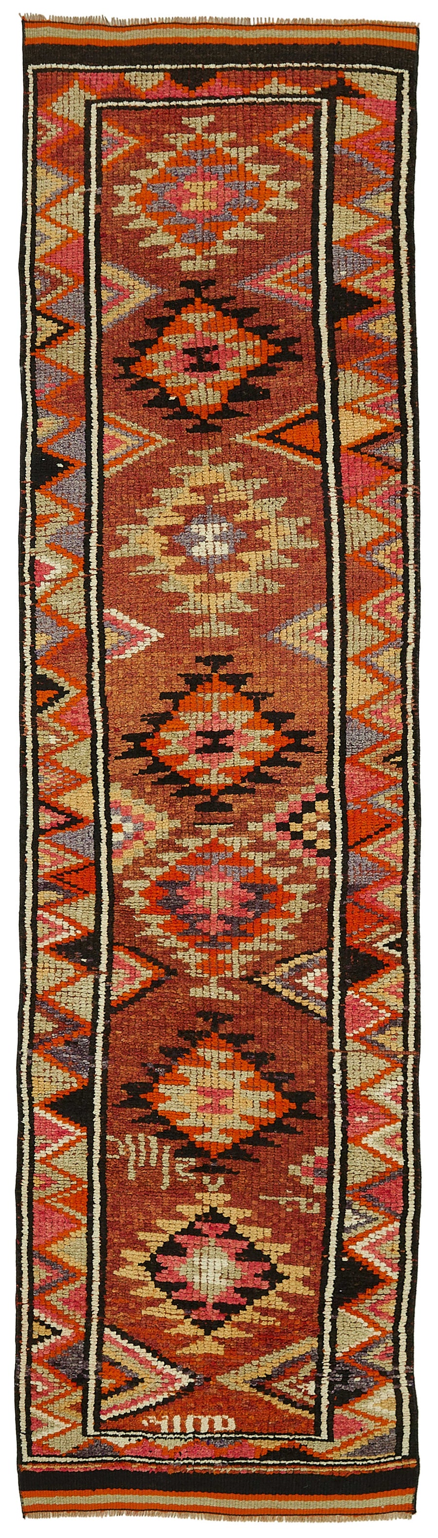 Zolvo Kahverengi Turuncu Geometrik Desenli Etnik El Dokuma Yolluk 82x335 cm