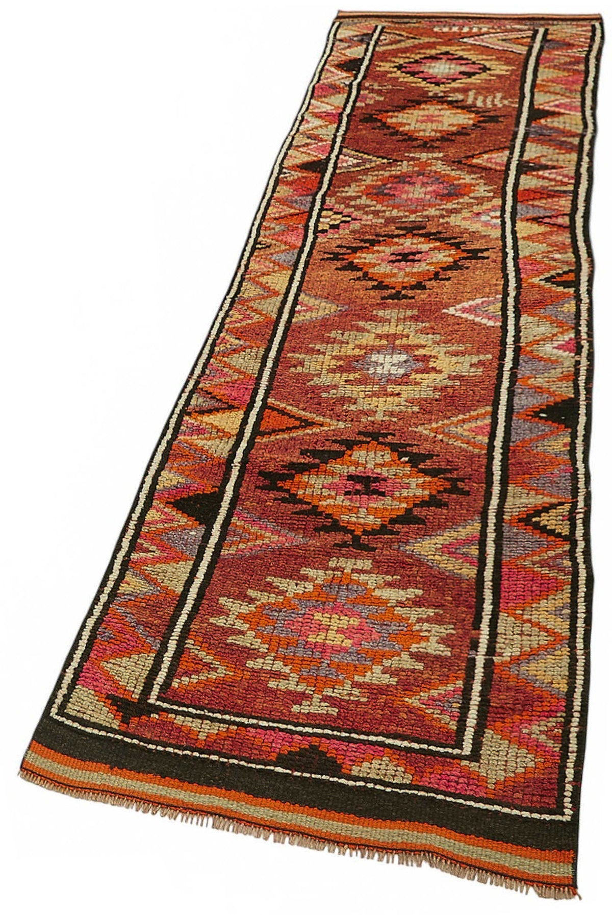Zolvo Kahverengi Turuncu Geometrik Desenli Etnik El Dokuma Yolluk 82x335 cm – doku yakın çekim