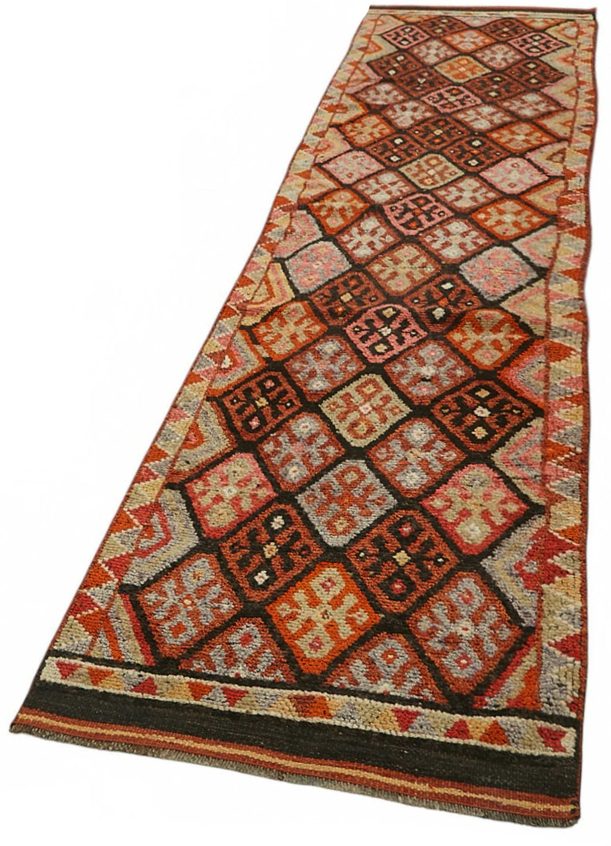 Zolvo Düz Kahverengi Halı Geometrik Desenli Etnik Yolluk 86x405 cm – doku yakın çekim