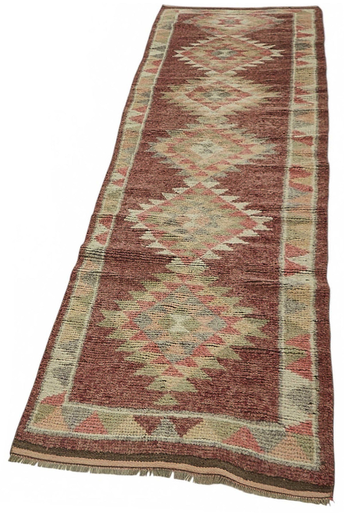 Zolvo Kırmızı Bej Geometrik Etnik El Dokuma Yolluk 85x352 cm – doku yakın çekim