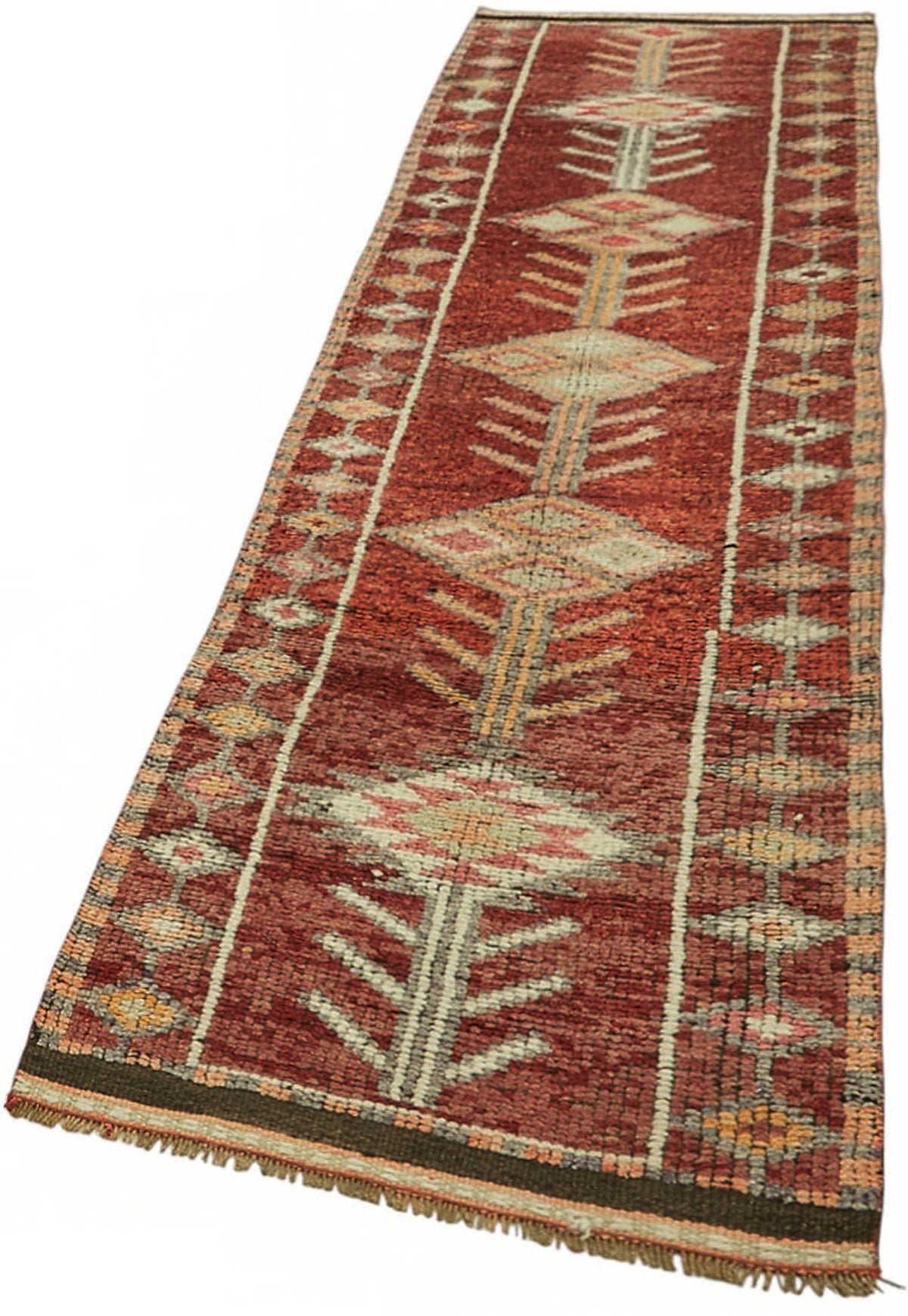 Zolvo Kırmızı Geometrik Desenli Yün Pamuk El Dokuma Yolluk 80x337 cm – doku yakın çekim