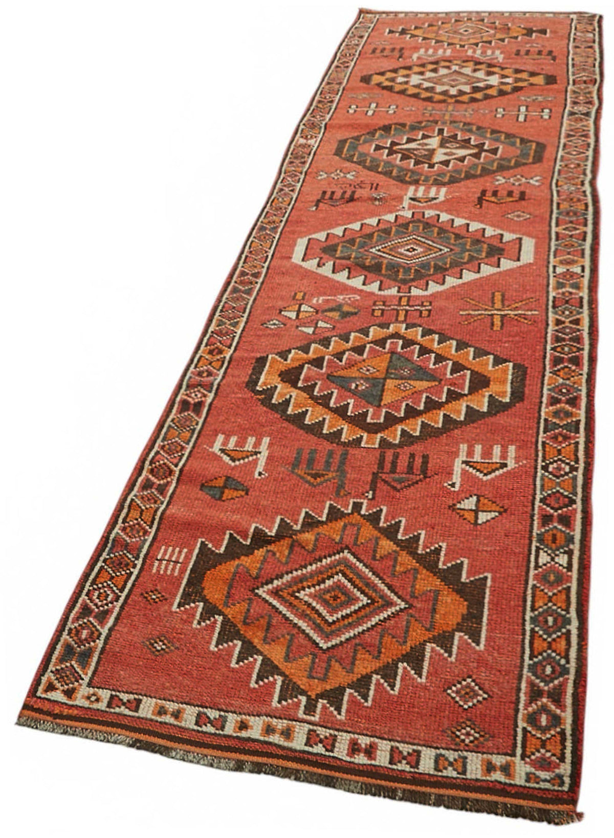 Zolvo Kırmızı Etnik Geometrik Desenli El Dokuma Yolluk 92x410 cm – doku yakın çekim