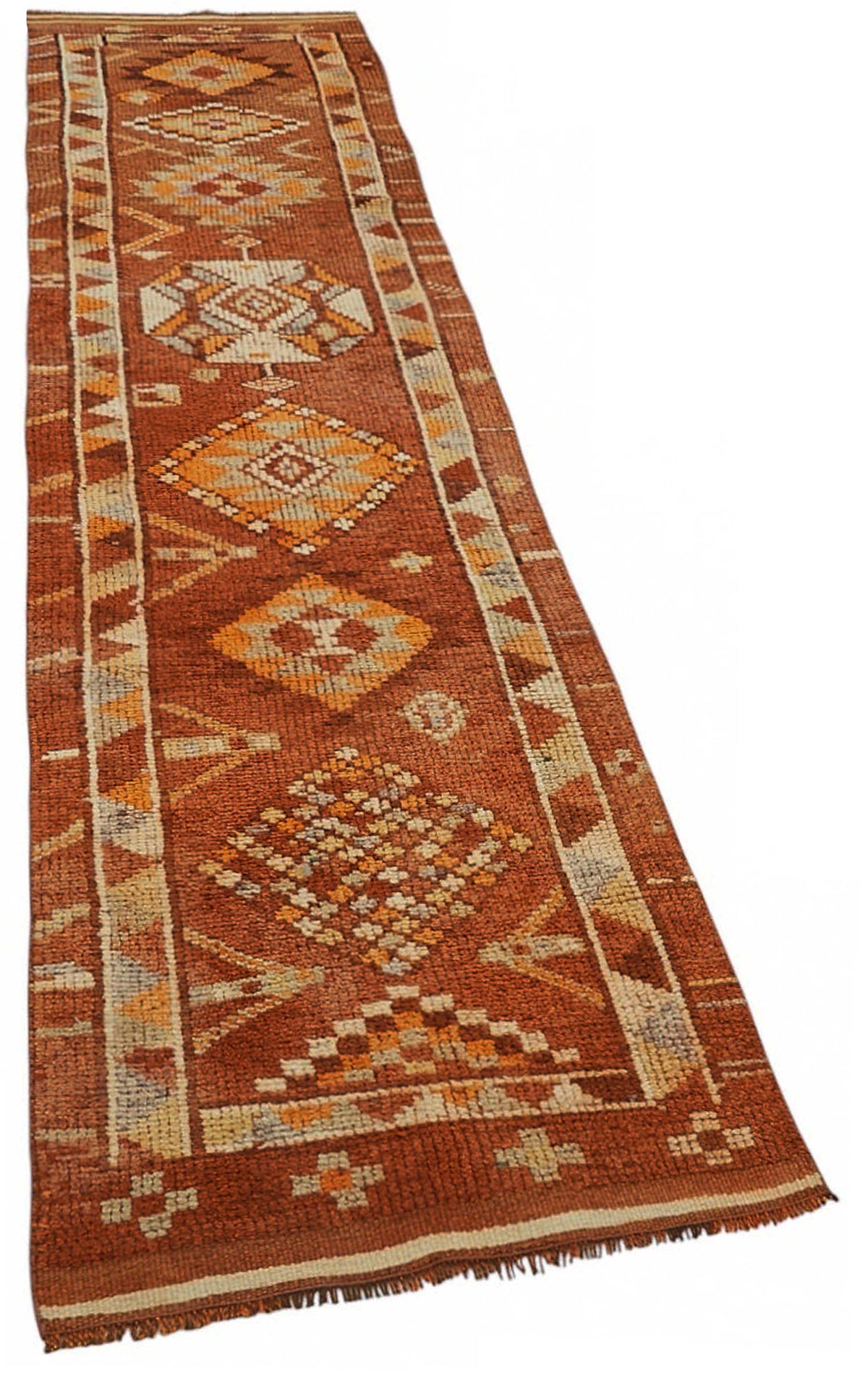 Zolvo Geometrik Desenli Kahverengi Turuncu El Dokuma Yolluk 78x336 cm – genel görünüm