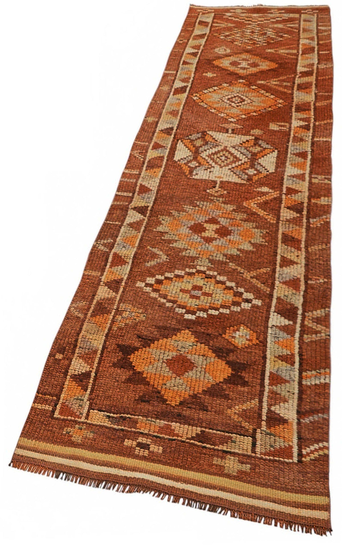 Zolvo Geometrik Desenli Kahverengi Turuncu El Dokuma Yolluk 78x336 cm – doku yakın çekim