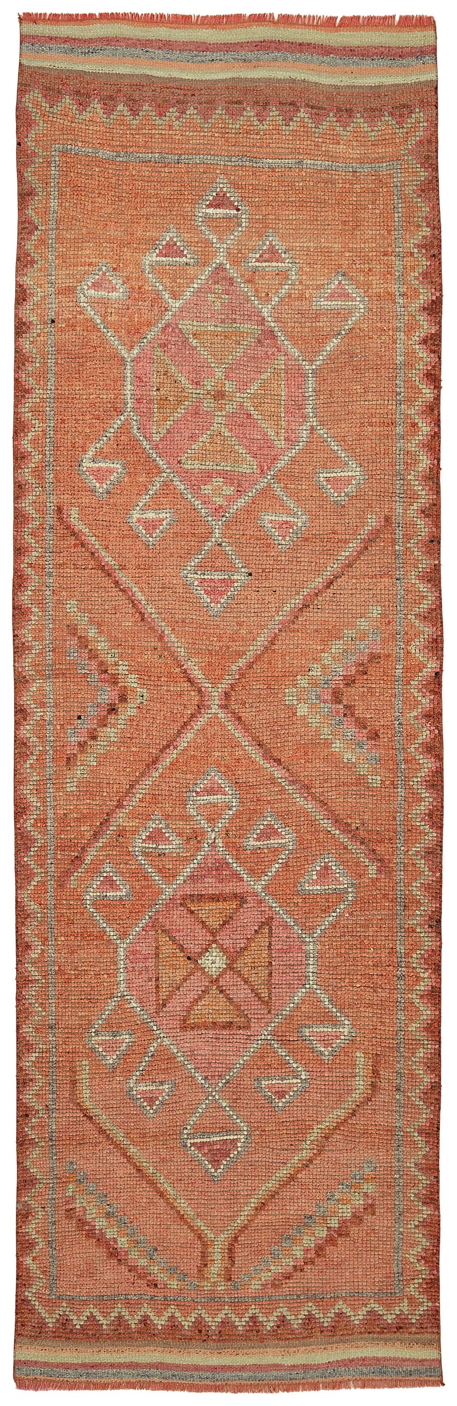 Zolvo Turuncu Pembe Geometrik Desenli Etnik Pamuk Yün El Dokuma Yolluk 100x318 cm