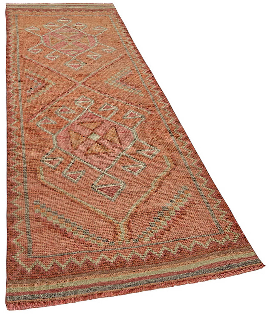 Zolvo Turuncu Pembe Geometrik Desenli Etnik Pamuk Yün El Dokuma Yolluk 100x318 cm – genel görünüm