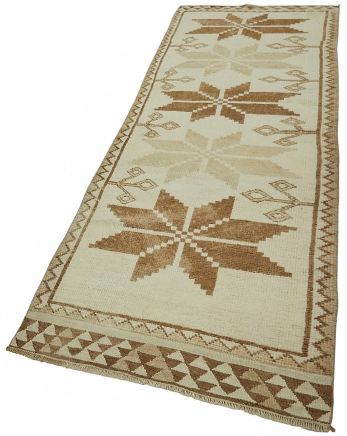 Zolvo Bej Kahverengi Geometrik Desenli Yün Dokuma Yolluk 105x340 cm – doku yakın çekim