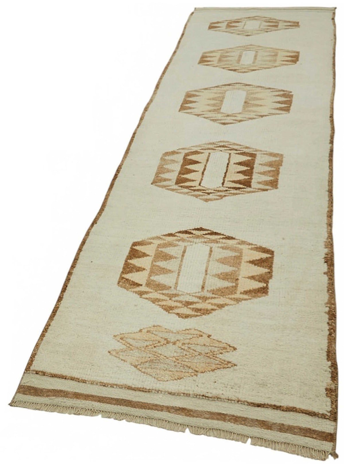 Zolvo Bej Kahverengi Geometrik Etnik El Dokuma Yolluk 96x377 cm – doku yakın çekim