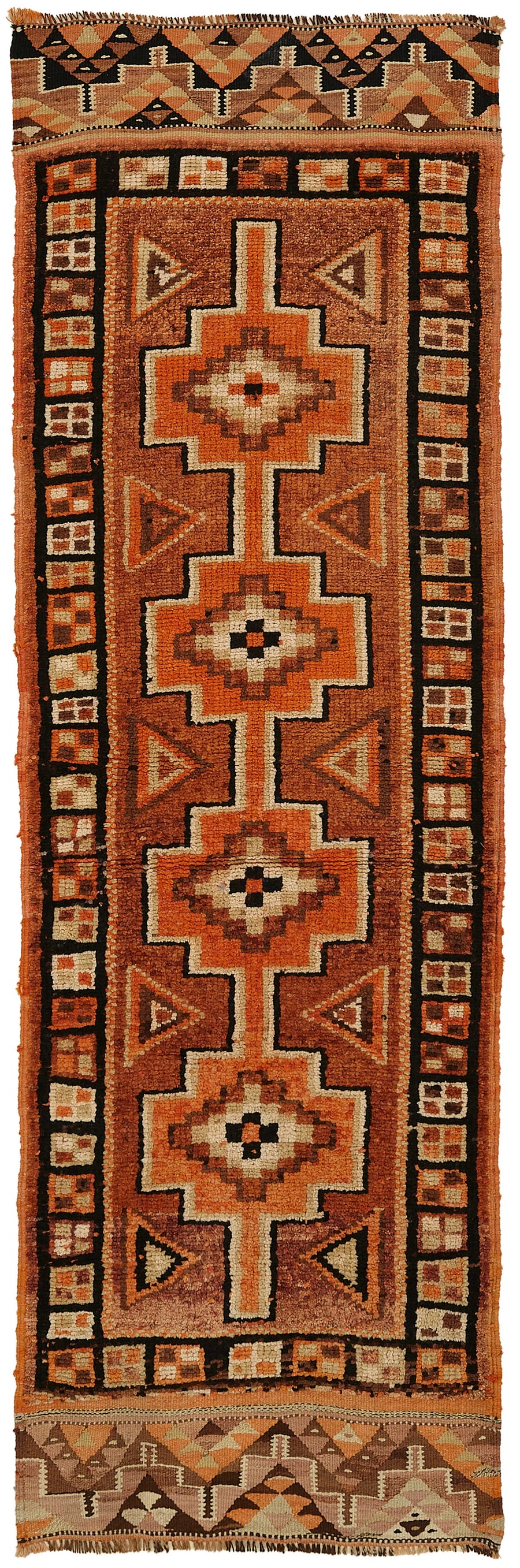 Zolvo Turuncu Kahverengi Geometrik Desenli El Dokuma Yolluk 92x296 cm