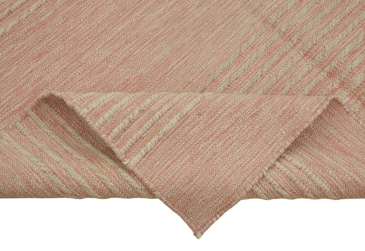 Gozvan Bej Modern Halı Toz Pembe Çizgili Yün Dokuma 180x251 cm – kenar detayı