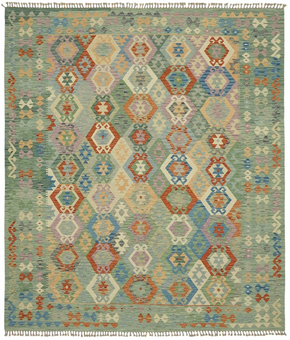Velmo Adaçayı Yeşili Geometrik Desenli Yün Halı 248x285 cm