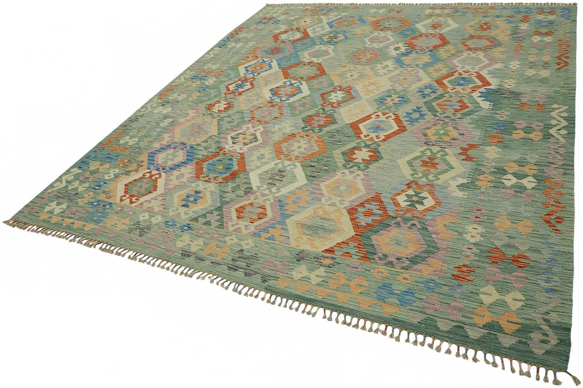 Velmo Adaçayı Yeşili Geometrik Desenli Yün Halı 248x285 cm – doku yakın çekim