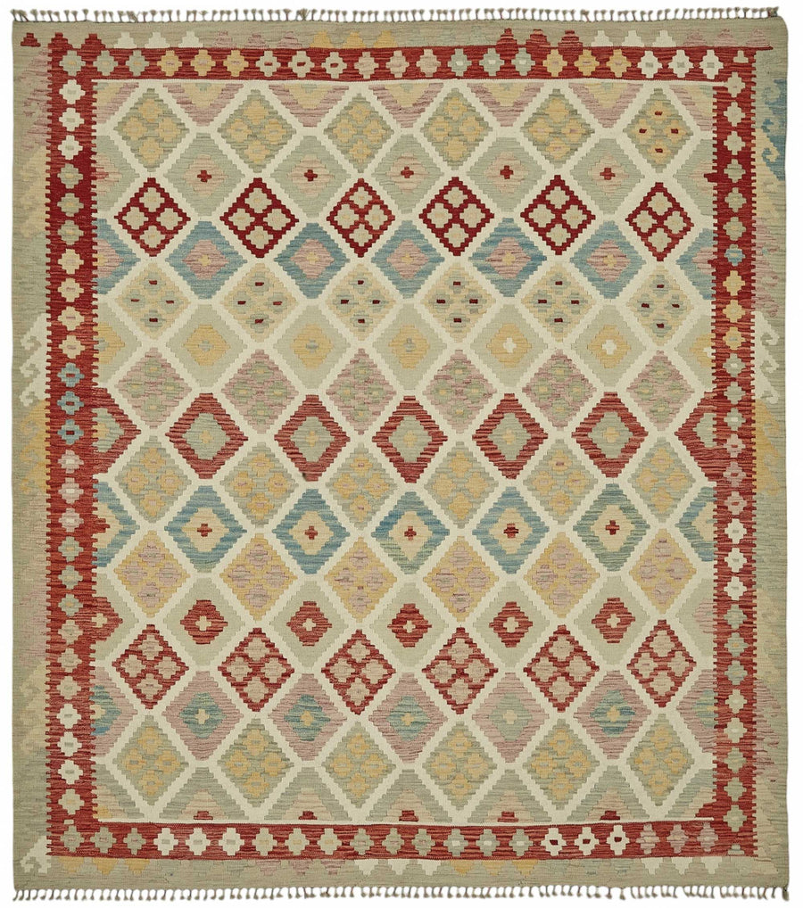 Velmo Söküntü Bej ve Kırmızı Geometrik El Dokuma Halı 257x290 cm 48809