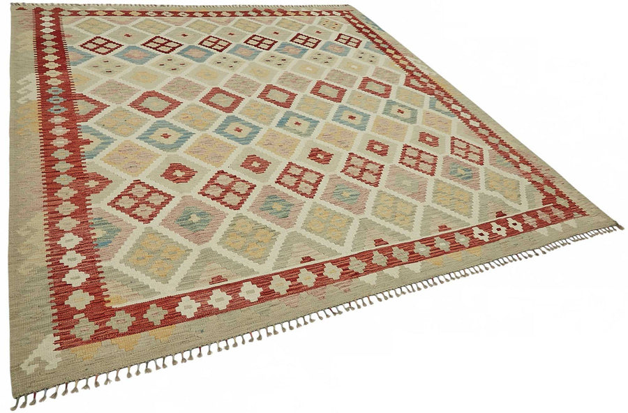 Velmo Söküntü Bej ve Kırmızı Geometrik El Dokuma Halı 257x290 cm 48809 – genel görünüm