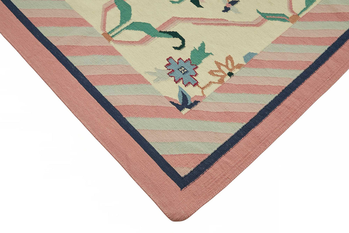 Krovix Krem Pembe Geometrik Desenli Modern El Dokuma Kilim 305x410 cm – detay görünümü