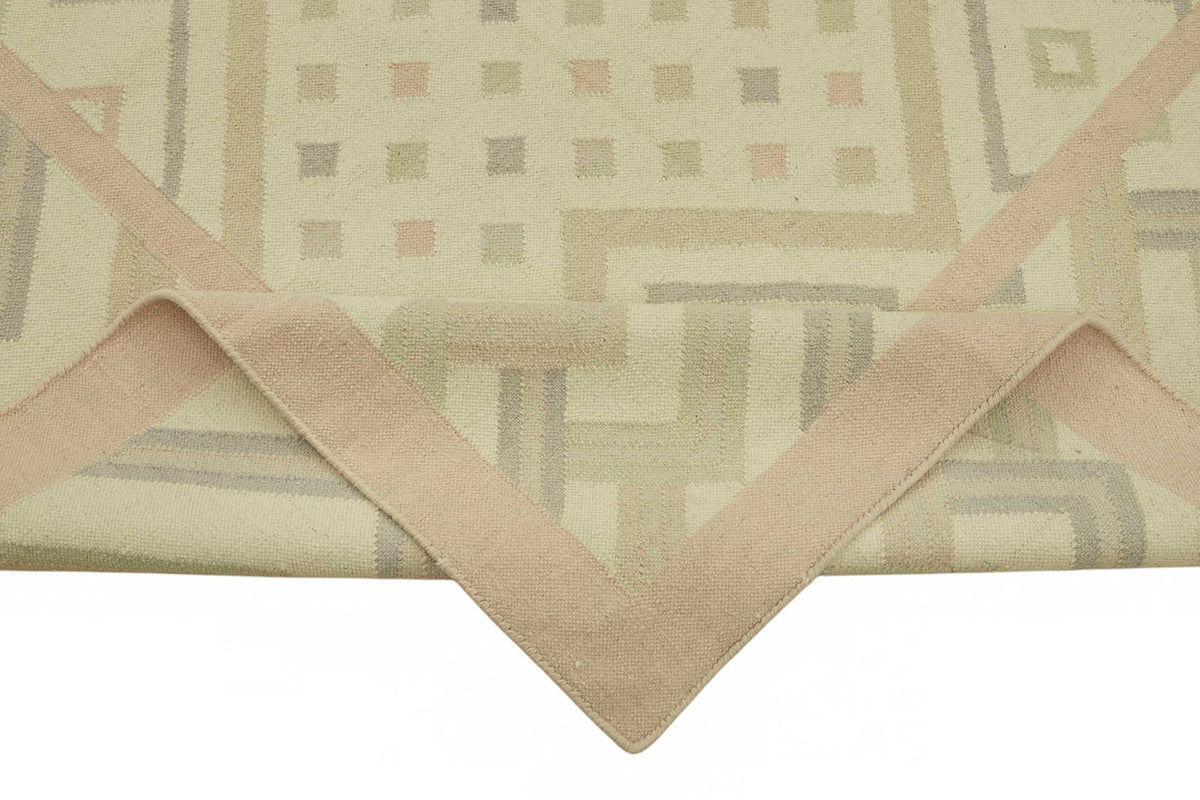 Krovix Vintage Bej ve Gri Geometrik Desenli Kilim 308x410 cm 48892 – kenar detayı