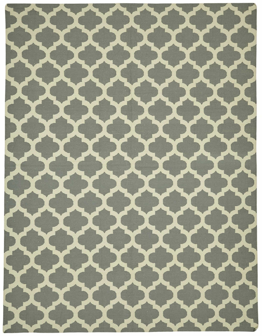 Krovix Gri ve Ekru Geometrik Desenli Yün Pamuk Modern Kilim 271x360 cm