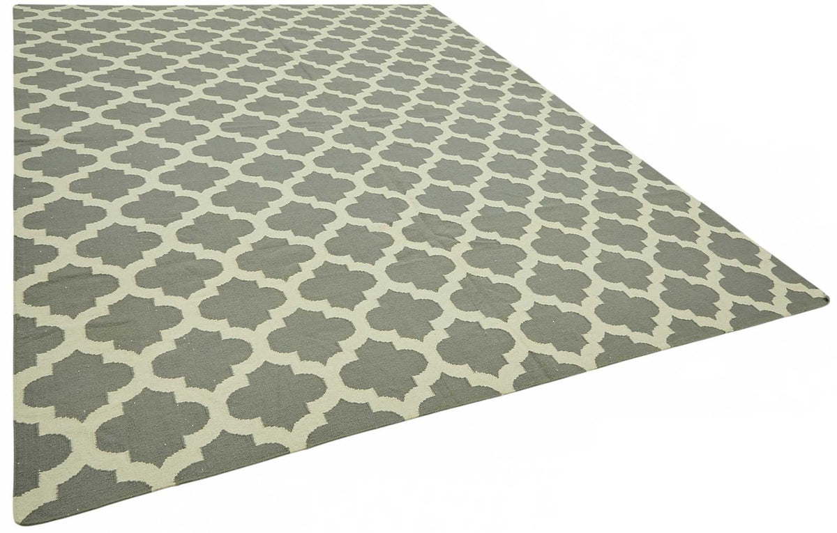 Krovix Gri ve Ekru Geometrik Desenli Yün Pamuk Modern Kilim 271x360 cm – genel görünüm