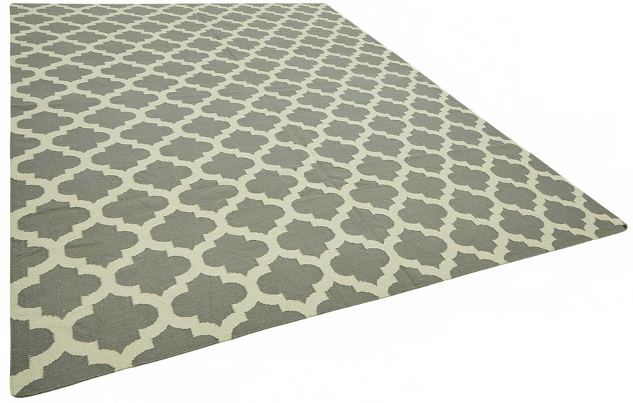 Krovix Gri ve Ekru Geometrik Desenli Yün Pamuk Modern Kilim 271x360 cm – genel görünüm