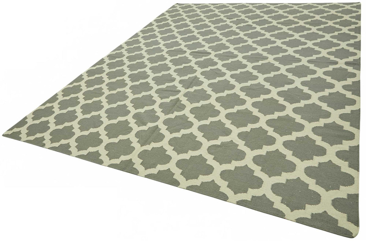 Krovix Gri ve Ekru Geometrik Desenli Yün Pamuk Modern Kilim 271x360 cm – doku yakın çekim